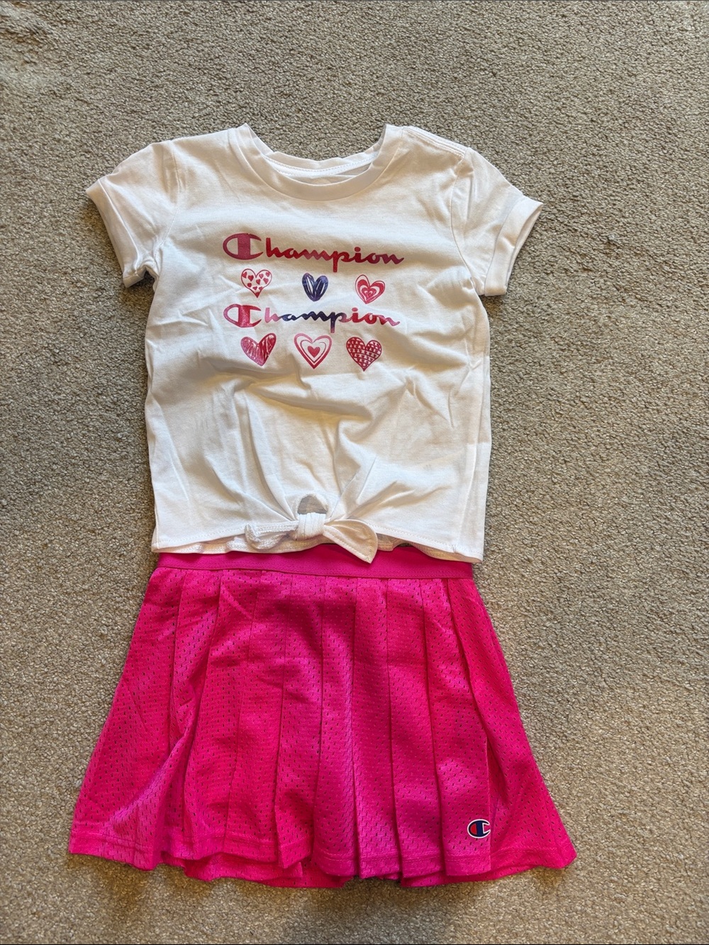 NWOT Champion White Tee with Pink Heart Graphics & Hot Pink Skirt
